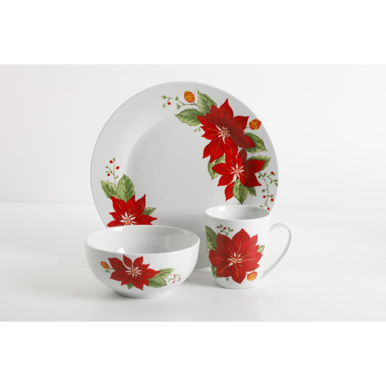 Gibson Holiday Poinsettia 12 Piece Dinnerware Set Fine Ceramic