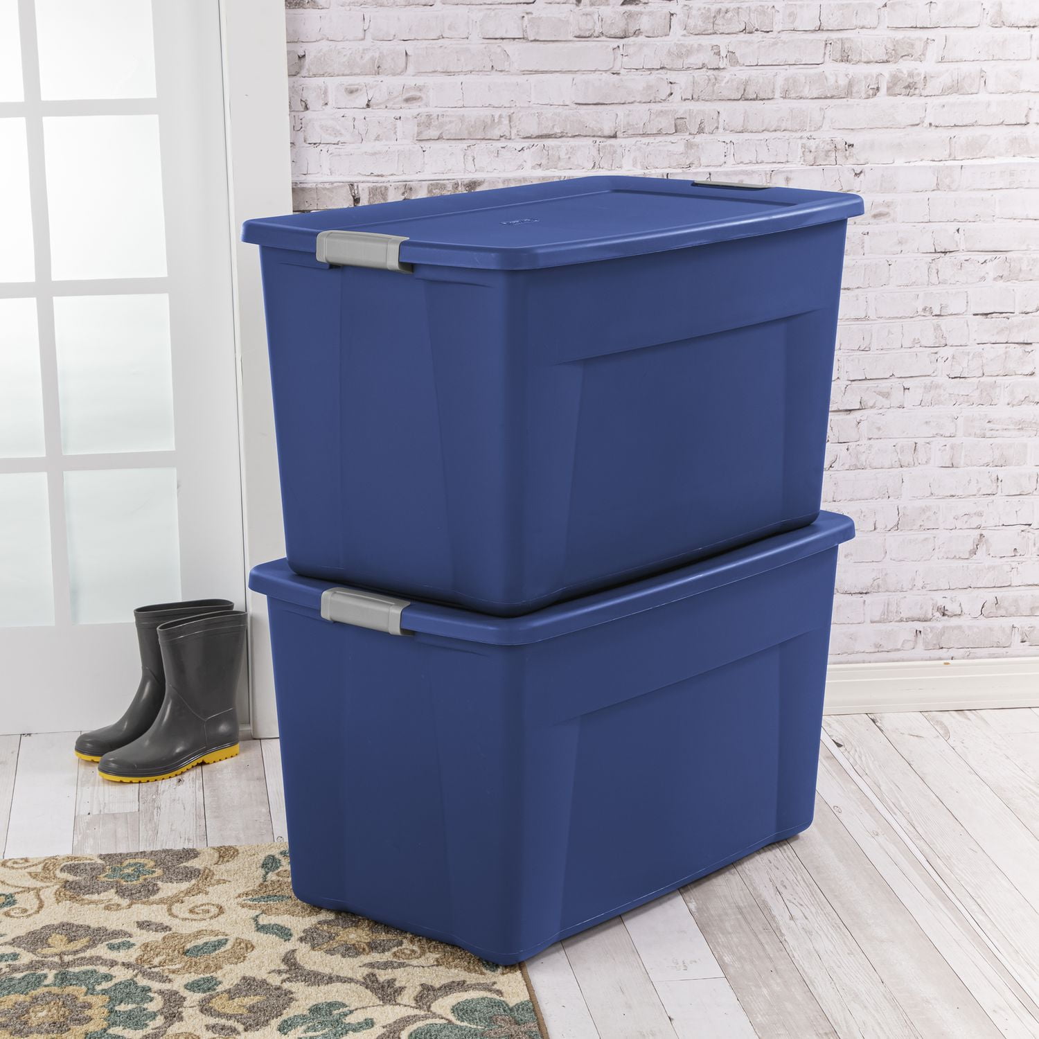 Sterilite 45 Gallon Wheeled Latch Tote Plastic, Stadium Blue, Set of 4