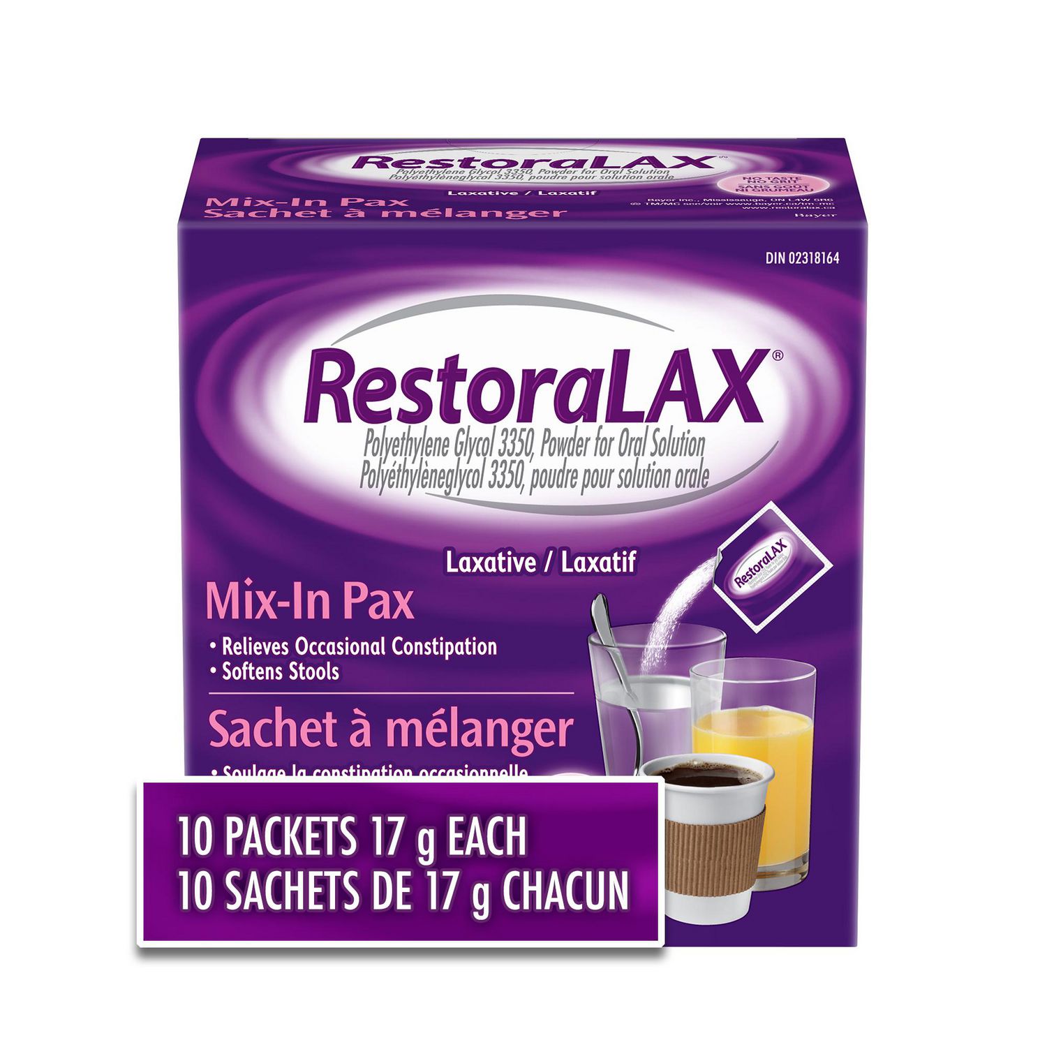 RestoraLAX Powder Stool Softener Laxative - Effective Constipation Relief for Adults, No Taste, No Grit, No Gas, No Bloat, No Cramps, No Sudden Urge, 10 Single Dose Sachets