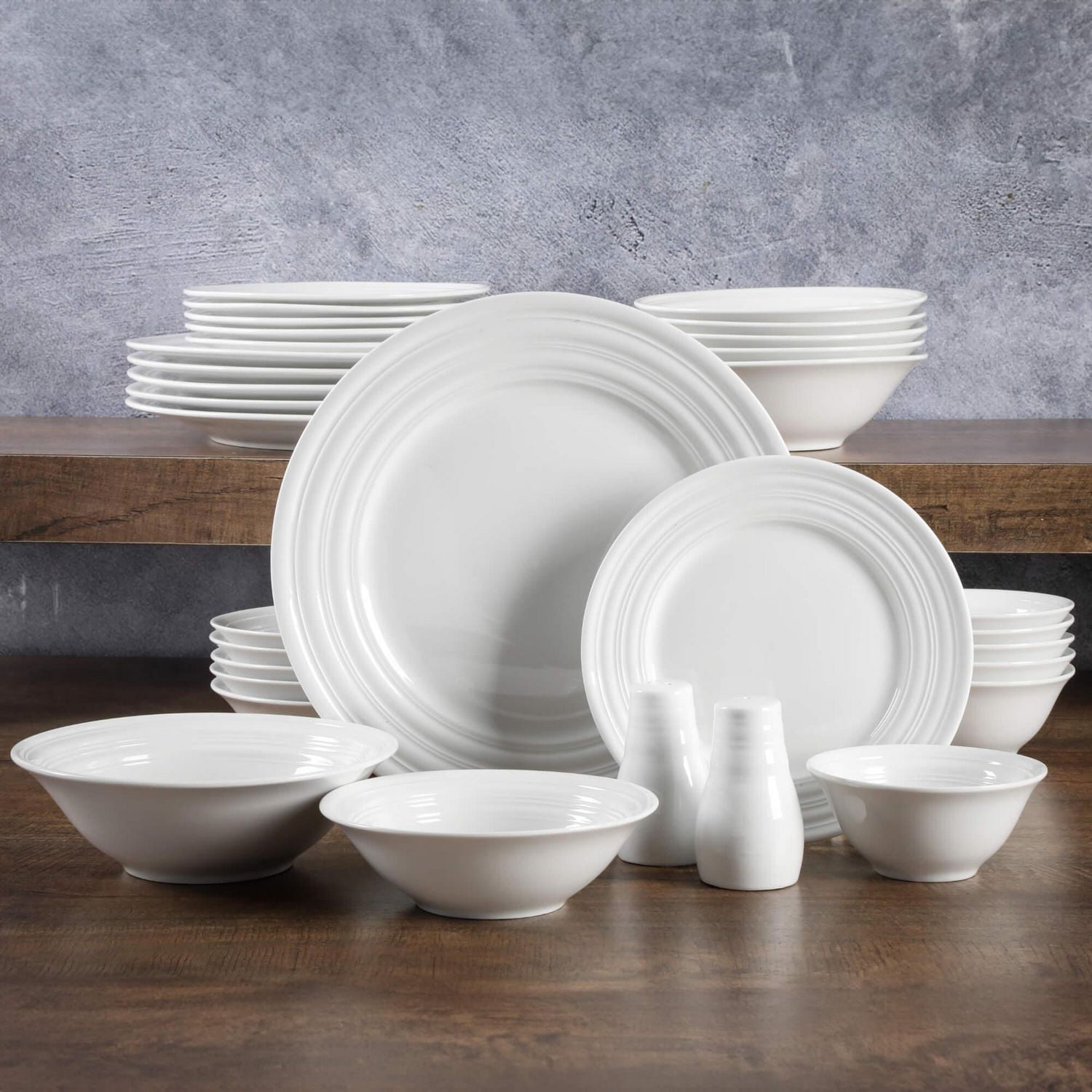 Gibson Home Embossed Ring 32 Piece Dinnerware Set Service for 6 Embossed White