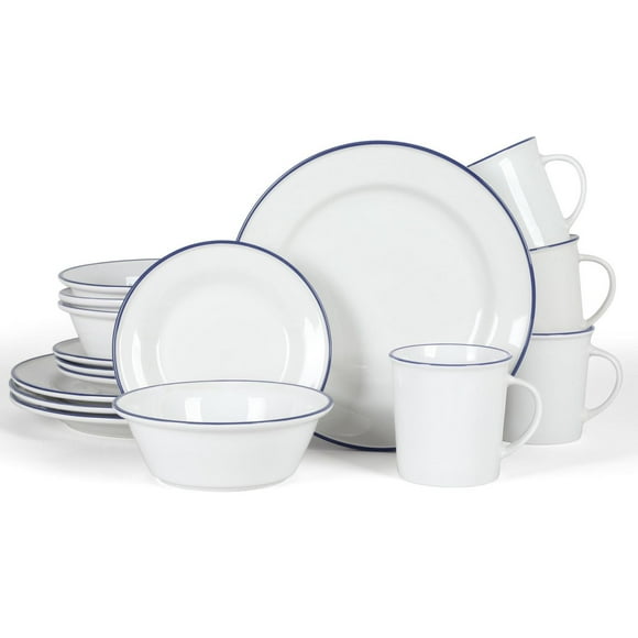Martha Stewart Cliffield 16 Piece Dinnerware Set, Blue Rim, White, Fine Ceramic