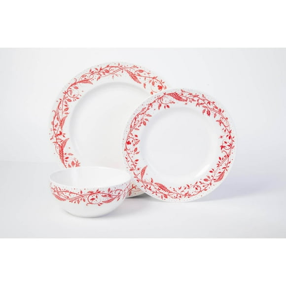 Martha Stewart Holiday Vines 12 Piece Red Dinnerware Set, Decorated, Fine Ceramic