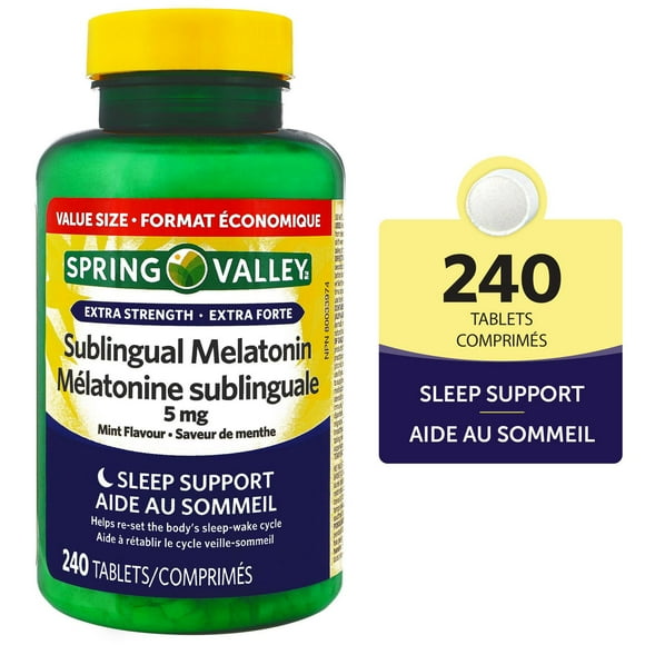 Spring Valley Extra Strength Sublingual Melatonin 5 mg, 240 Mint Flavour tablets