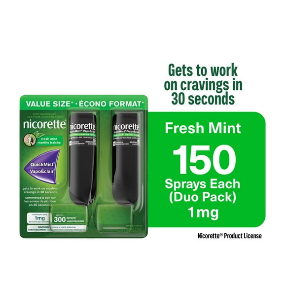 Nicorette QuickMist Spray 1mg, Fresh Mint, Quit Smoking Aid, Smoking Cessation Aid, NRT, Duo Pack, 150 Sprays Each x 2