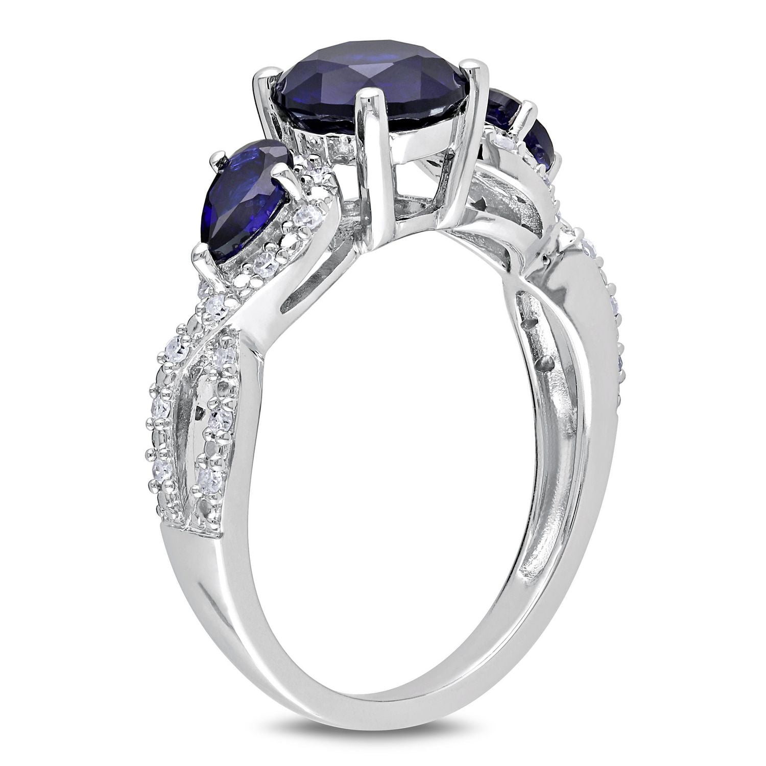 Tangelo 2.33 Carat T.G.W. Created Blue Sapphire And 0.17 Carat T.W. Diamond Sterling Silver Three Stone Engagement Ring
