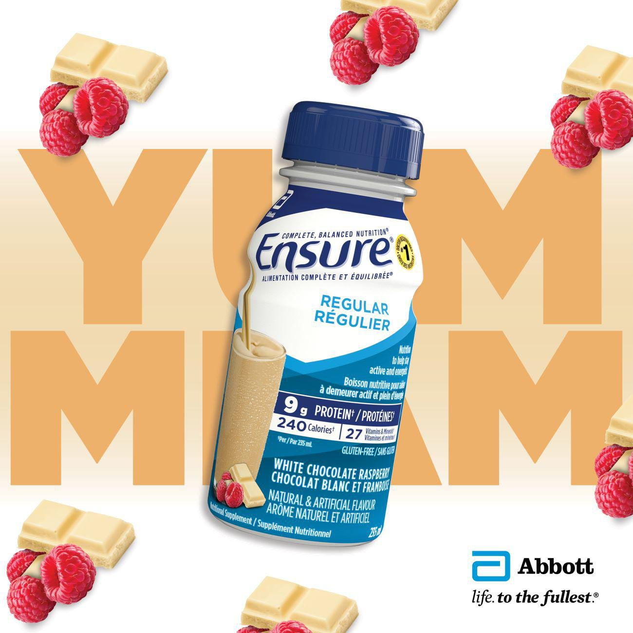 Ensure Regular, Nutritional Supplement Shake, Nutrition To Stay Active And Energetic, White Chocolate Raspberry, 6 x 235-mL Bottles