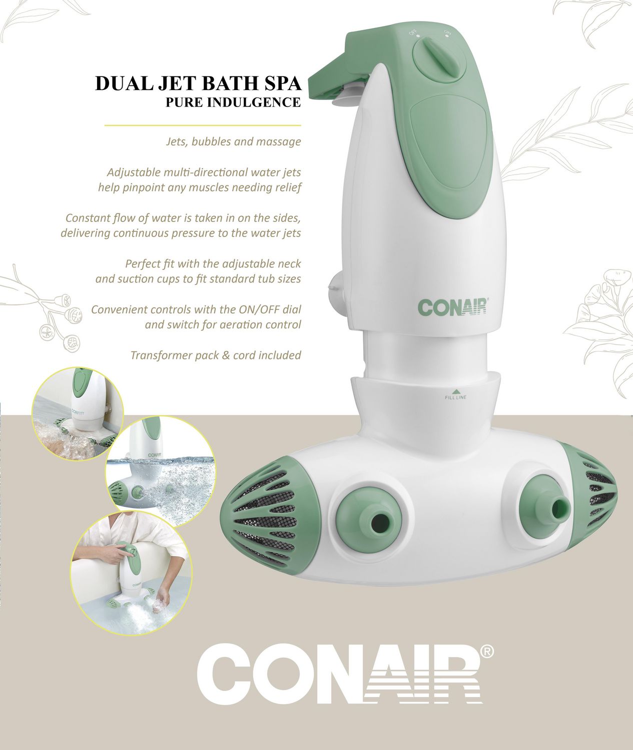 Conair Dual Jet Bath Spa, Portable Bath Spa with Jets, Bubbles and Massage  BTS7