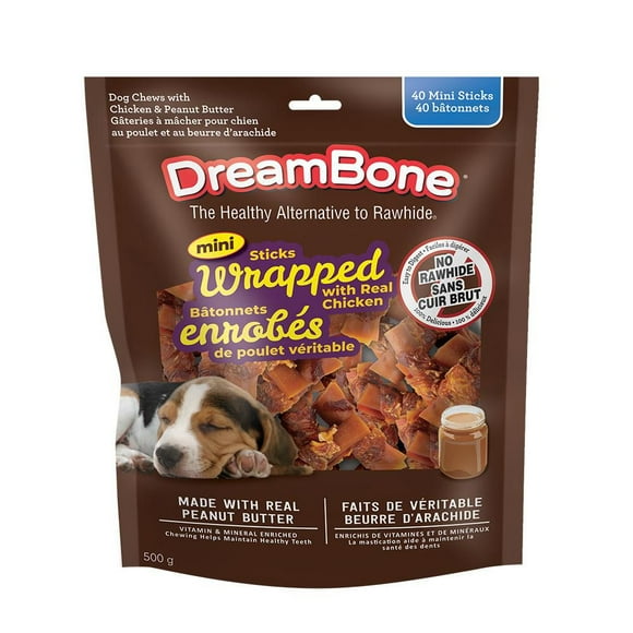 DreamBone Chicken Wrapped Sticks Peanut Butter Mini 40ct, 500g DreamBone Chicken Wrapped Sticks Peanut Butter