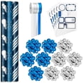 thumbnail image 1 of Hallmark Navy Blue Christmas Wrapping Paper Set (90 sq. ft. ttl, 10 Bows, 4 Ribbon Colours, 40 Gift Tag Stickers) Snowman, Stripes, Snowflakes, 1 of 8