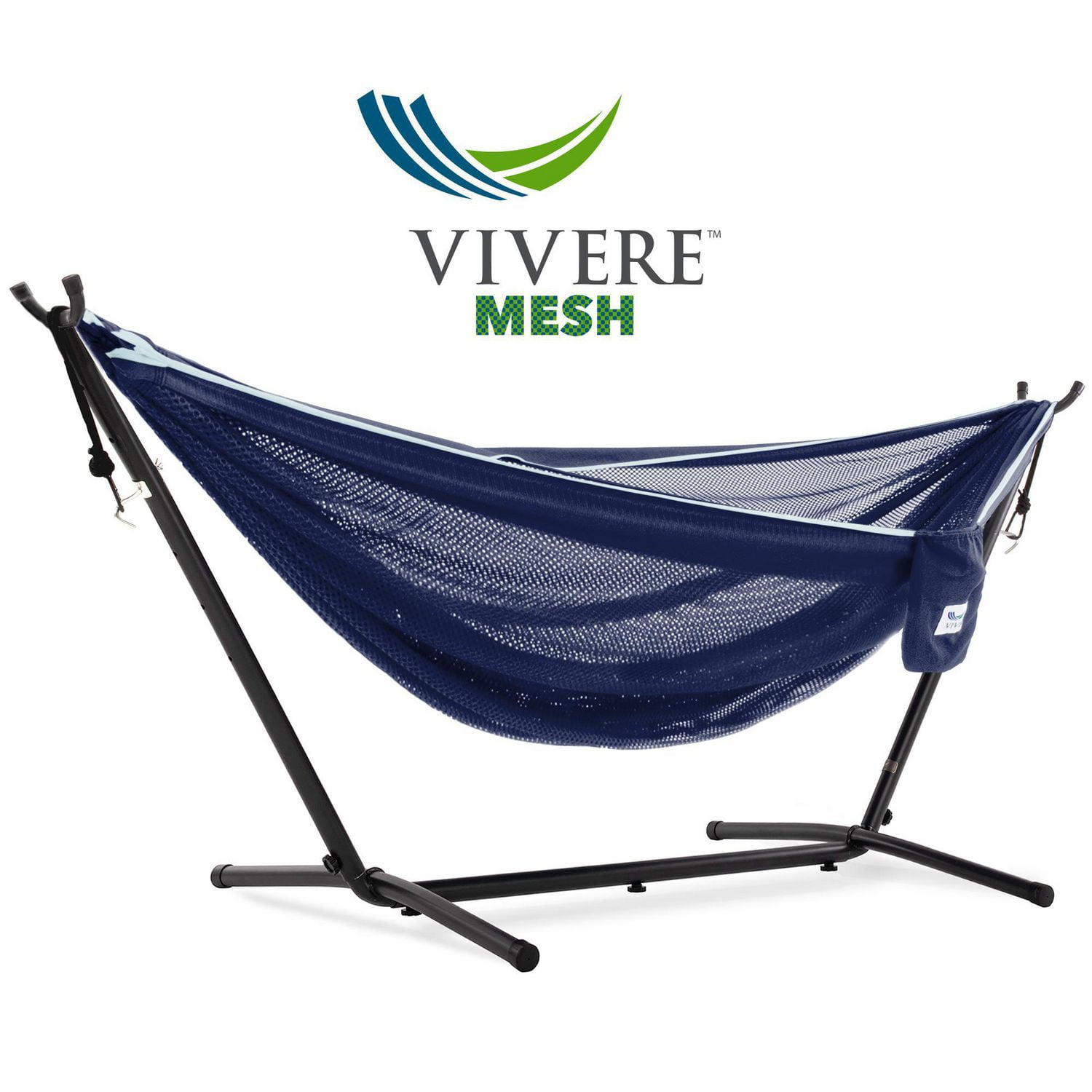 Vivere Polyester 9' Mesh Hammock with Steel Stand Navy and Turquoise
