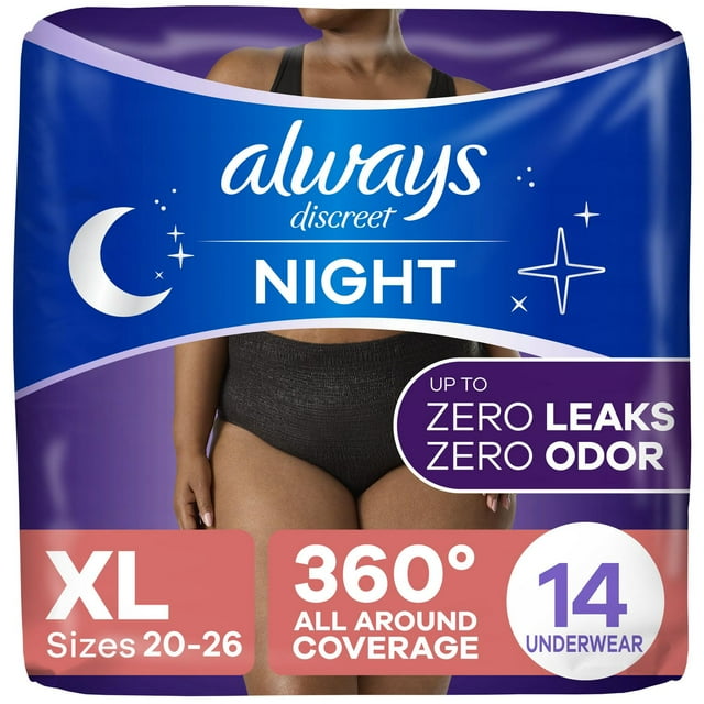 Always Discreet Adult Incontinence Overnight Underwear for Women, XL, Up to 100% Bladder Leak Protection