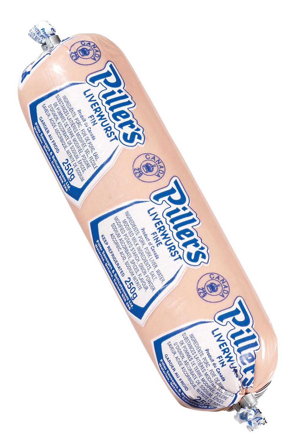 Piller's Fine Liverwurst a smooth pâté for spreading on bread or crackers; high in protein and labeled free of gluten and major food allergens, shown spread on toast and crackers and often used as a sandwich filling or protein-rich breakfast spread.