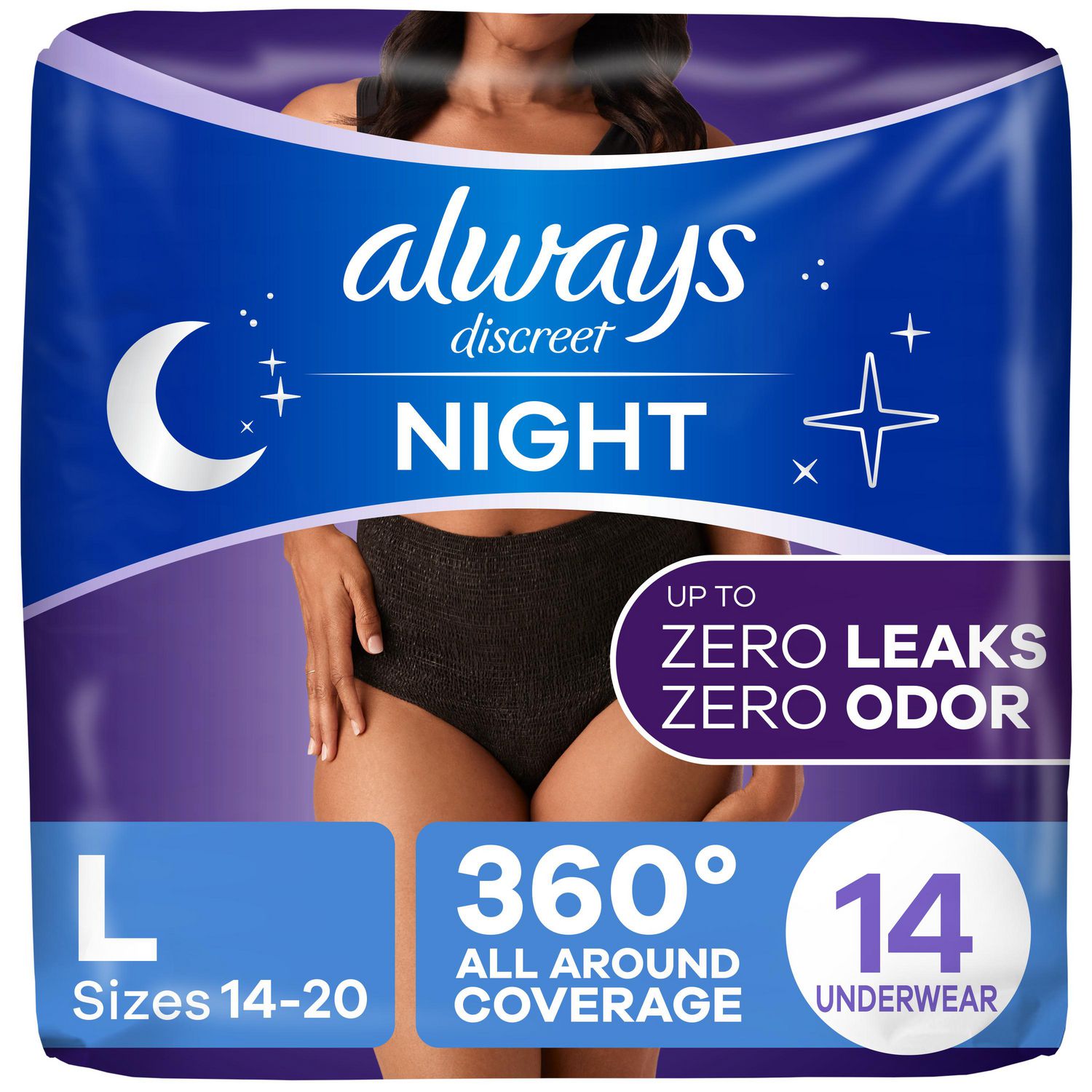 Culottes d’incontinence de nuit pour adultes Always Discreet, pour femmes, protègent jusqu’à 100% contre les fuites urinaires, taille G, 14culottes