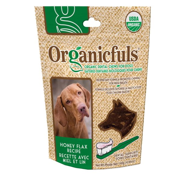 Gâteries dentaires biologiques à recette de miel et lin d'Organicfuls pour chiens