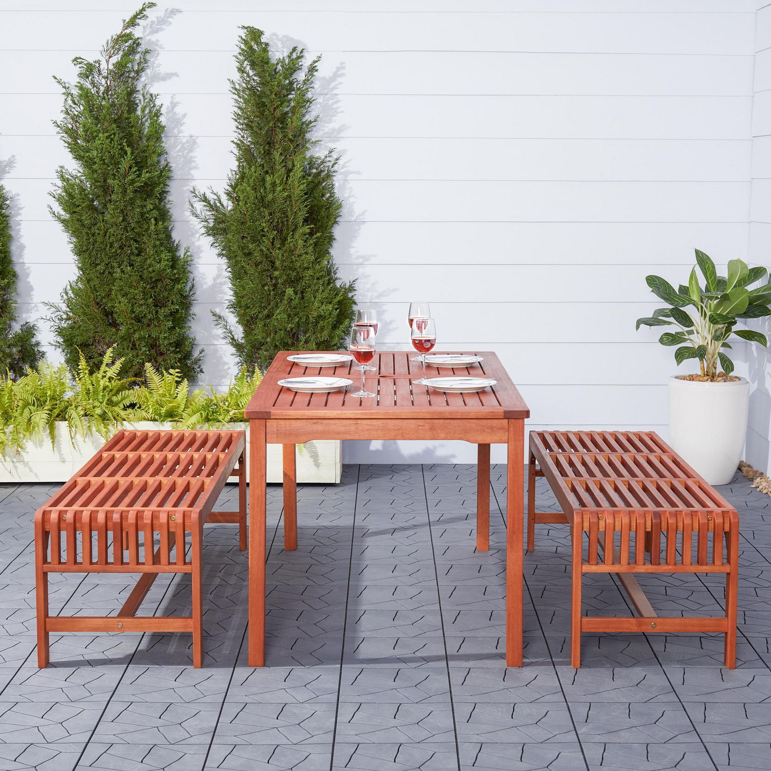 Malibu Outdoor 3piece Wood Patio Dining Set with Backless Bench