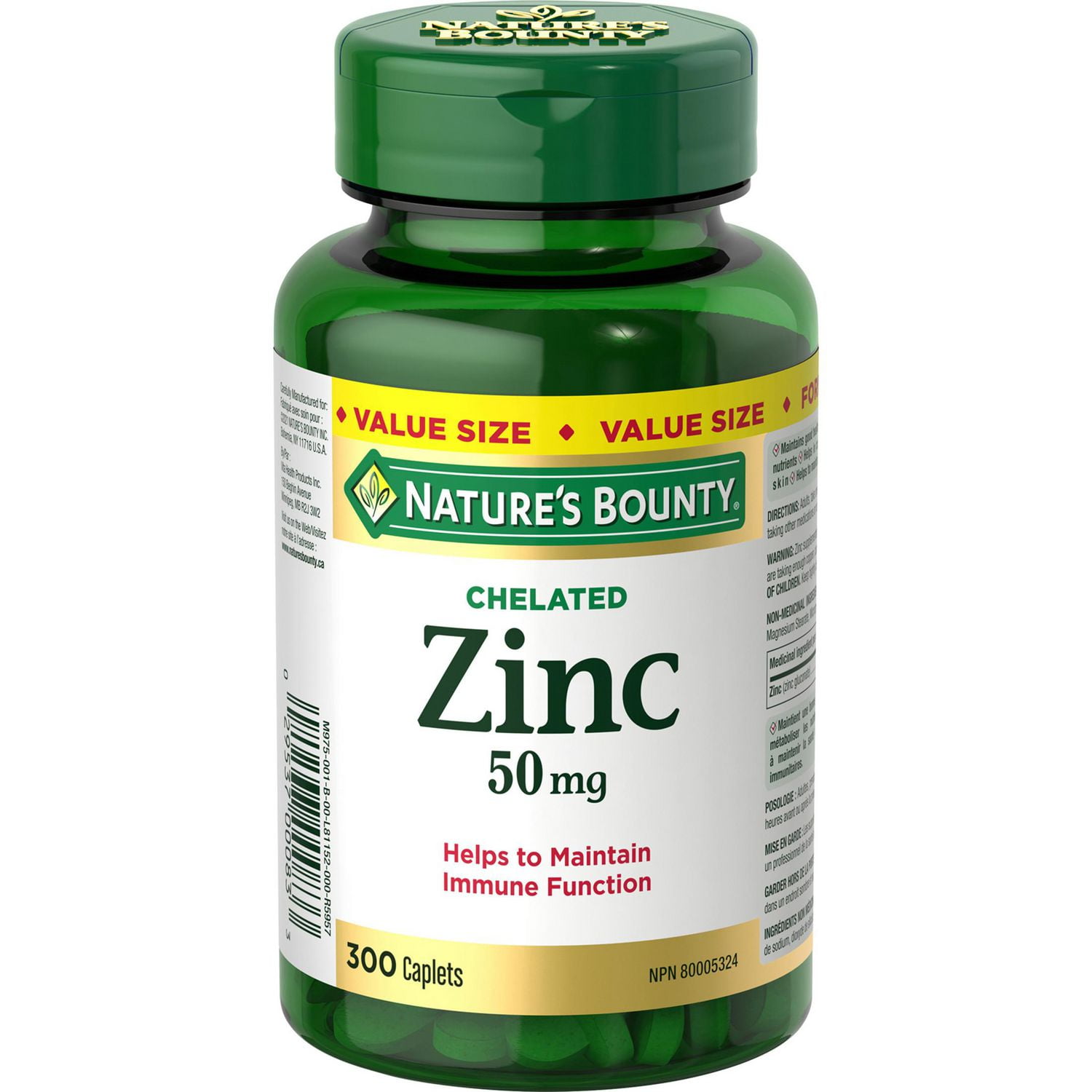 NATURE'S BOUNTY Zinc, 50 mg, Helps Immune Function, Helps Metabolize Nutrients, Aids Tissue Formation, Maintains Good health & Healthy Skin, Value Size, Caplets 300.0 count, 300 Caplets