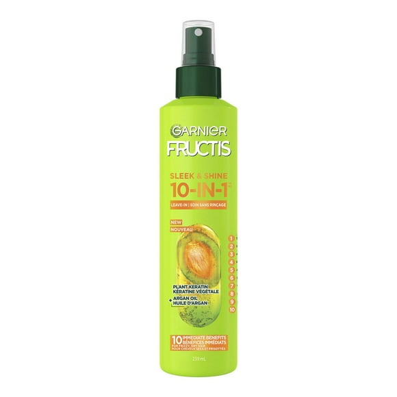 Garnier Fructis Sleek & Shine, 10-In-1 Repairing Leave-In Spray For Frizzy & Dry Hair with Heat Protection, With Argan Oil and Plant Keratin - 239ml, Hair spray for frizzy hair