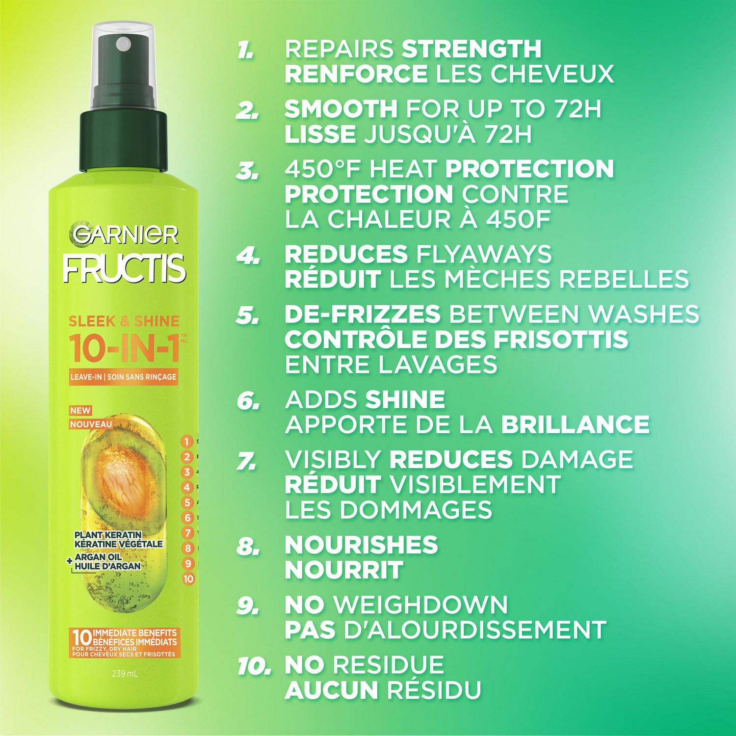 Protection,　Garnier　Dry　spray　With　Spray　Hair　Repairing　239ml,　Keratin　and　Leave-In　hair　Oil　Fructis　Argan　with　Frizzy　Heat　Hair　For　10-In-1　frizzy　Sleek　for　Shine,　Plant