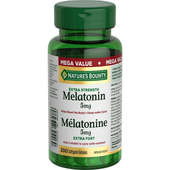 NATURE'S BOUNTY Melatonin, Extra Strength, 5 mg, Helps Reset Sleep-wake Cycle, Helps Increase Total Sleep Time, Helps To Fall Asleep, Mega Value Size, Softgels 40.6 g, 200 Softgels