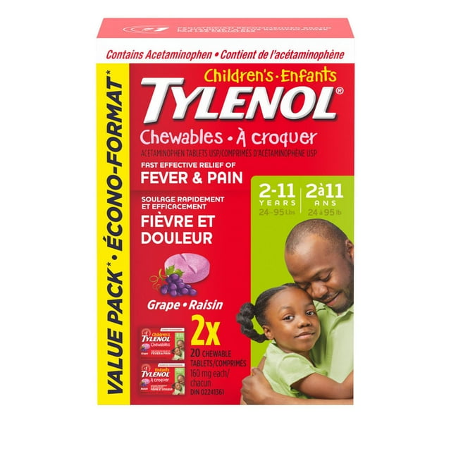 Tylenol Enfants, comprimés à croquer, raisin, Fièvre et douleur, 2 x 20 comprimés