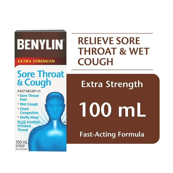 BENYLIN® Extra Strength Sore Throat & Cough Syrup, Relieves Sore Throat & Wet Cough, 100mL