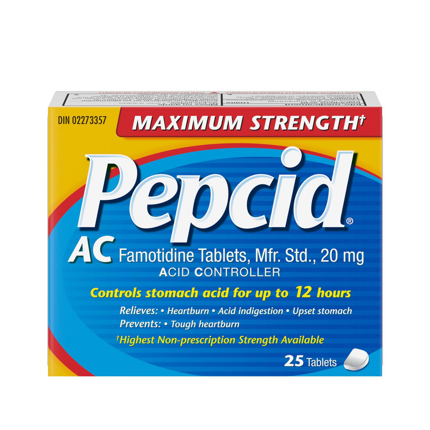 Pepcid AC Maximum Strength Heartburn Relief Tablets, Famotidine 20mg acid reducer, 25 count blister pack front view showing product box and two foil blister cards with visible label text '20 mg' and 'up to 12 hour' control, compact travel-ready packaging.