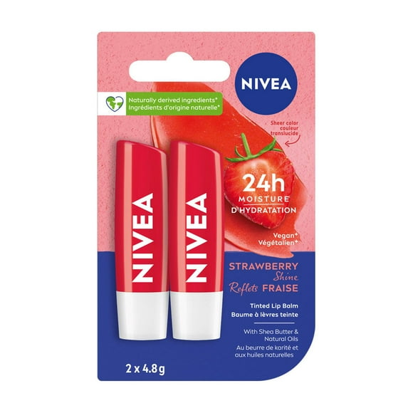 NIVEA Strawberry Shine Tinted Caring 24H Moisture Lip Balm Sticks, Duo Pack, 2 x 4.8g