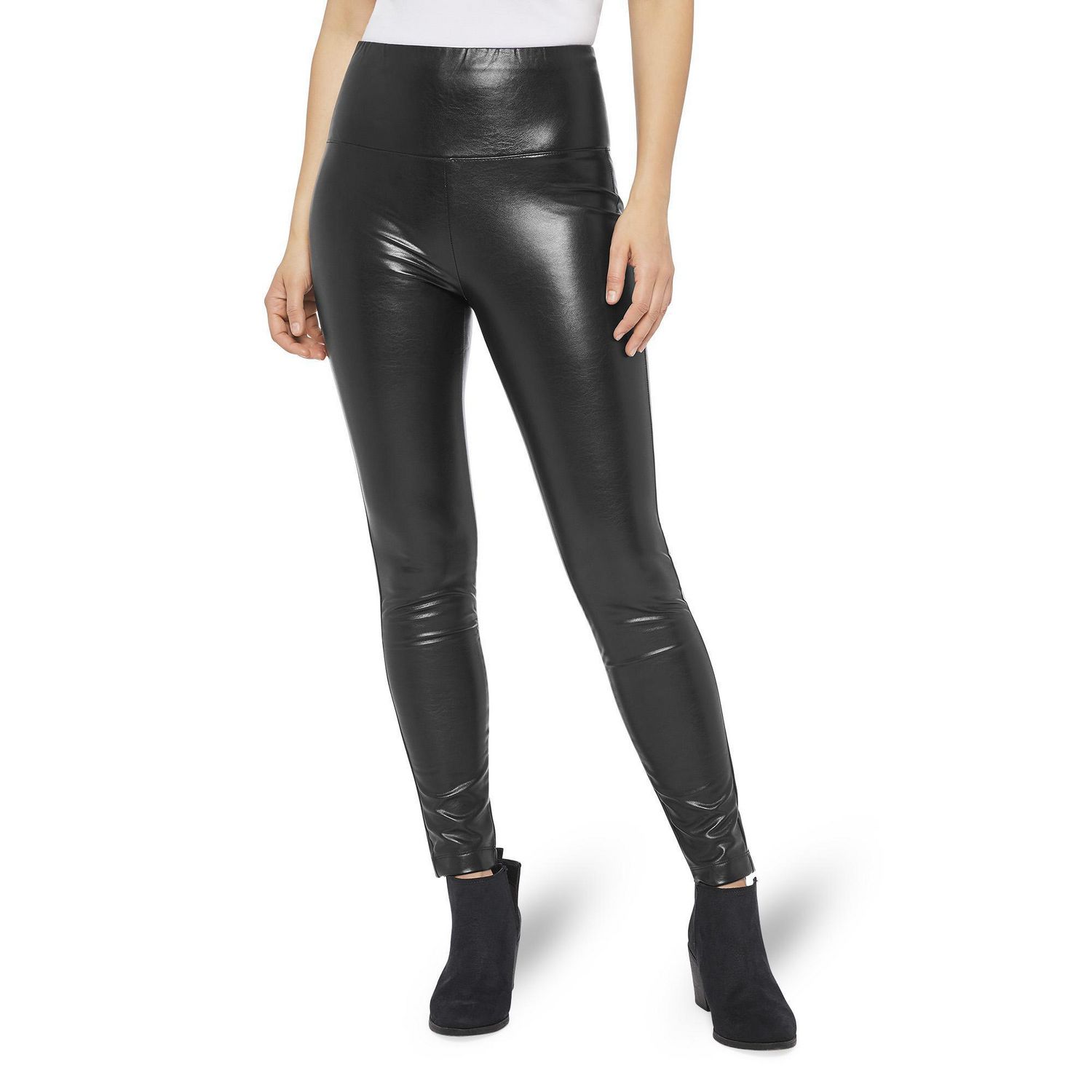 Retro Gong Black Faux Leather Leggings for Women High Waisted