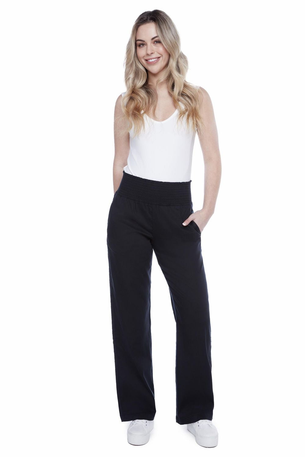 Jeaniologie ™ Ladies’ High Rise Smocked Waist Pull-on Wide Leg Pant