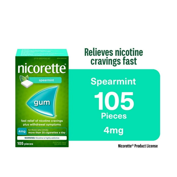 Nicorette Gum, Nicotine 4 mg, Spearmint Flavour, Quit Smoking Aid and Smoking Cessation Aid, 105 Pieces