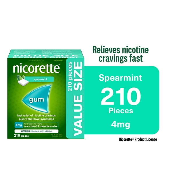 Nicorette Gum, Nicotine 4mg, Spearmint Flavour, Quit Smoking Aid and Smoking Cessation Aid, 210 Pieces
