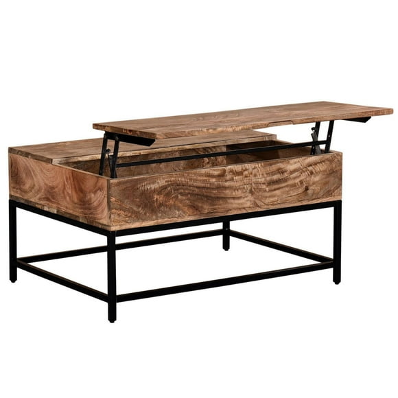 Industrial Chic Solid Wood & Wrought Iron Lift-Top Coffee Table in Natural Burnt