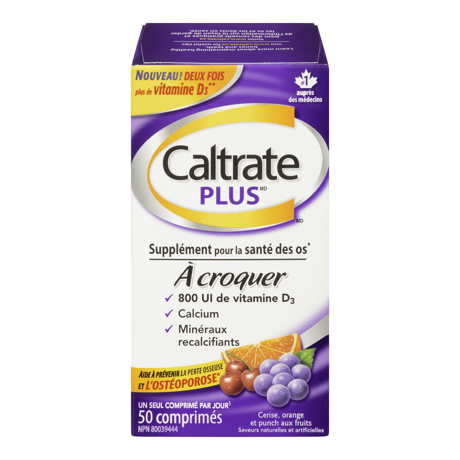 Comprimés à croquer supplément pour la santé des os Plus de Caltrate 50 comprimés, cerise, orange et punch aux fruits