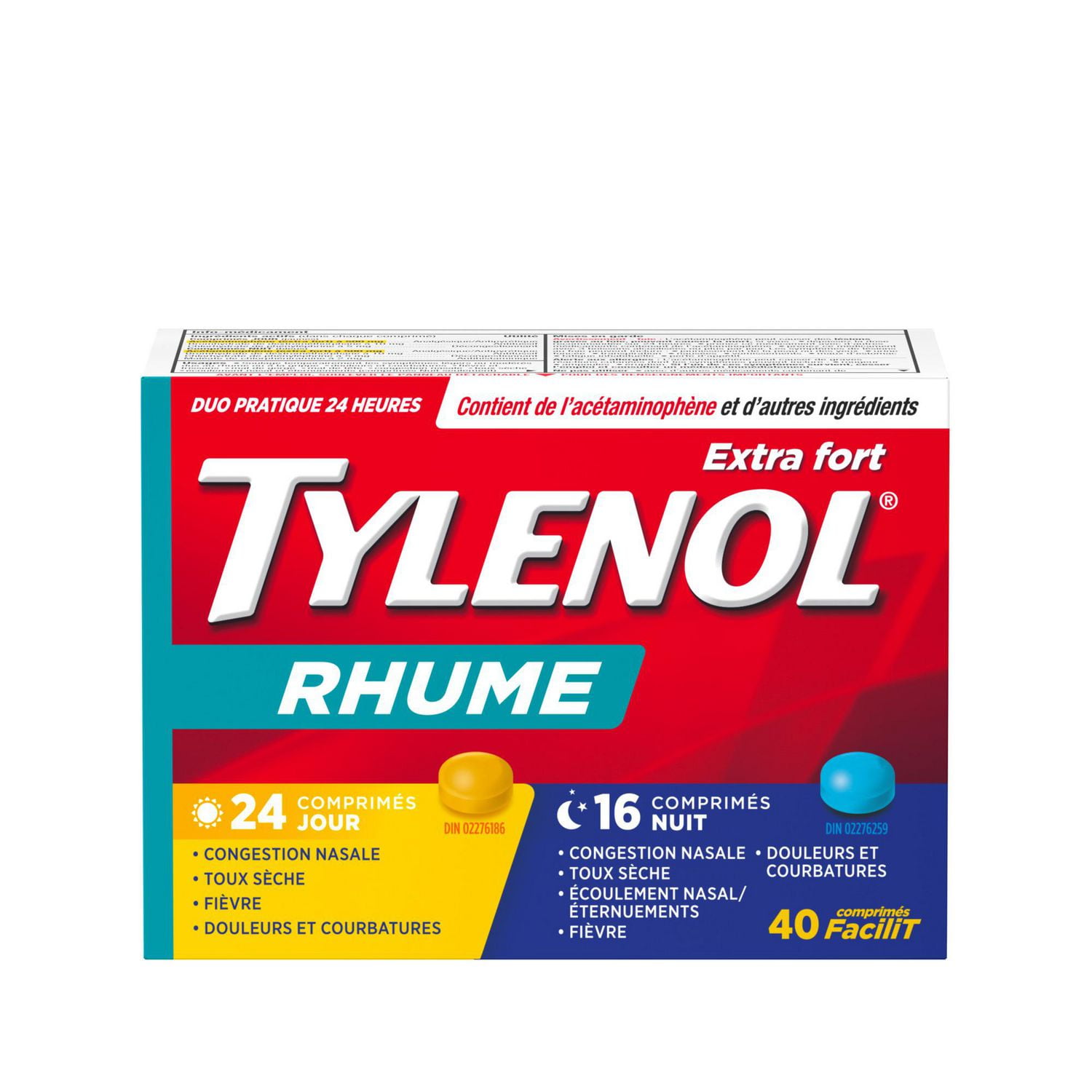 Tylenol Extra fort, Rhume, Duo pratique Jour/Nuit, soulage les symptômes de rhume 40 comprimés
