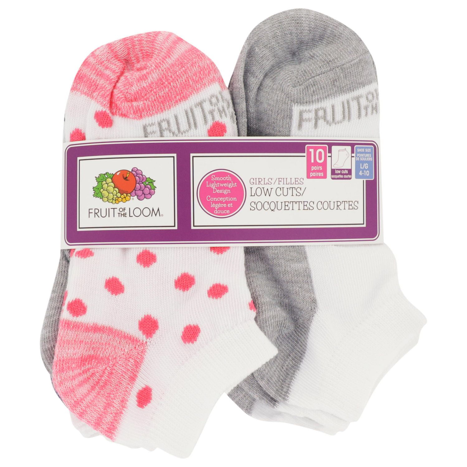 Fruit of the Loom Girls Low Cut Socks - 10 Pack - Size 4-10