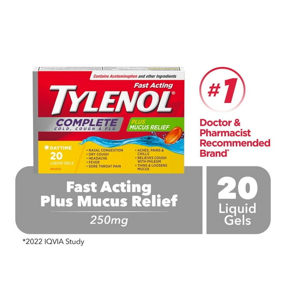 Tylenol Complete Cold, Cough & Flu plus Mucus Relief Liquid Gels, Daytime, Relieves Cough Cold & Flu symptoms, 20 Count