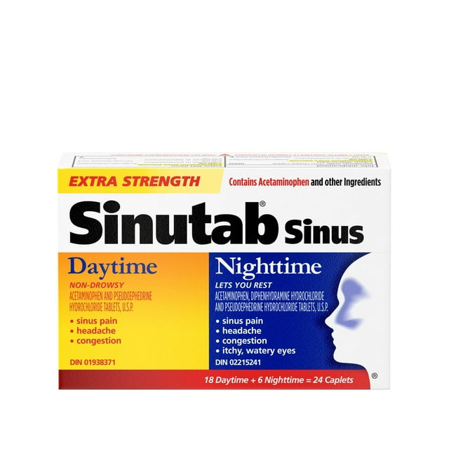 Sinutab Extra Strength Sinus Caplets, Daytime & Nighttime, Convenience, Relieves Sinus congestion & other Sinus symptoms, 24 Caplets