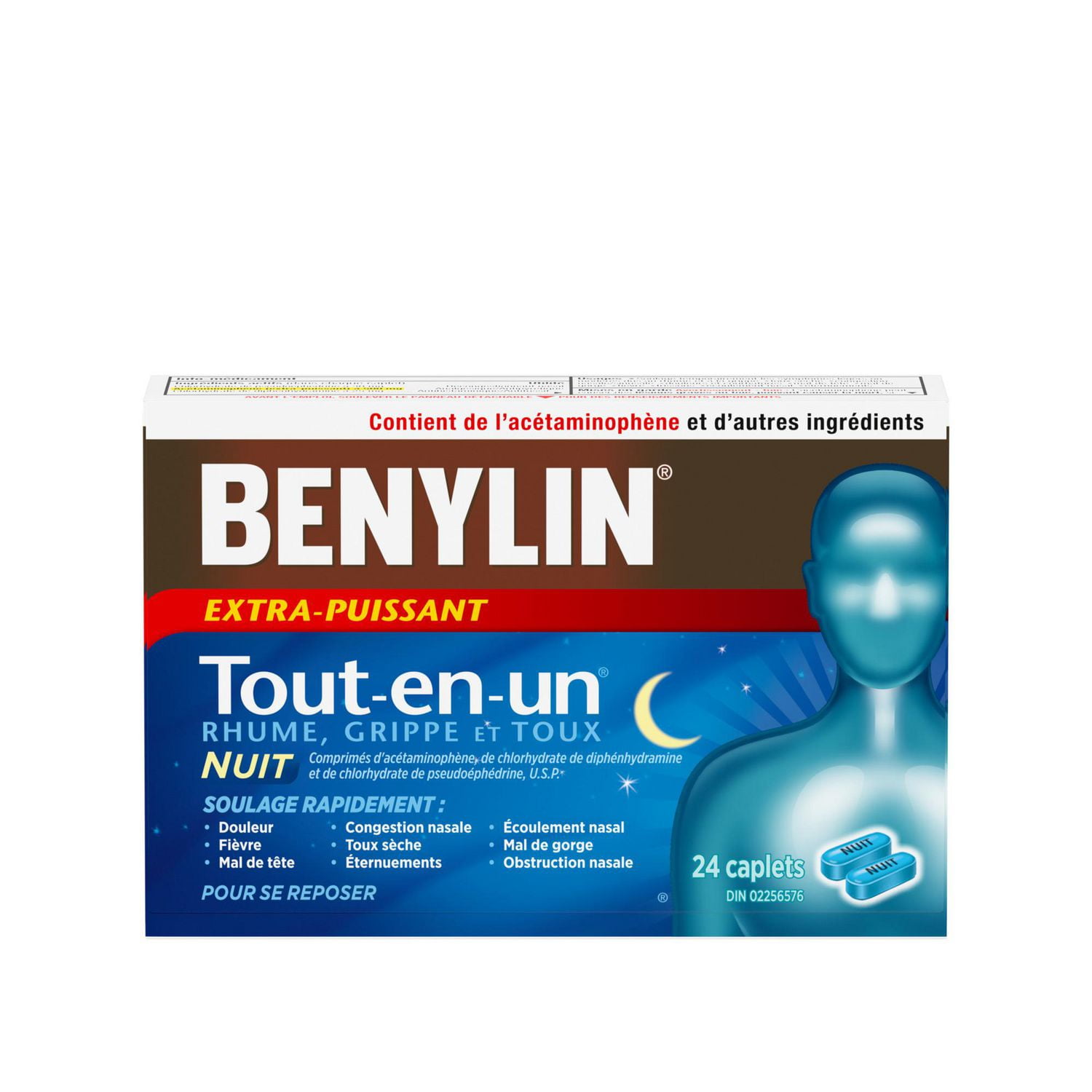 Benylin Extra Strength All-In-One Cold, Flu & Cough Caplets, Nighttime, Relieves Cold Cough & Flu symptoms, 24 Count