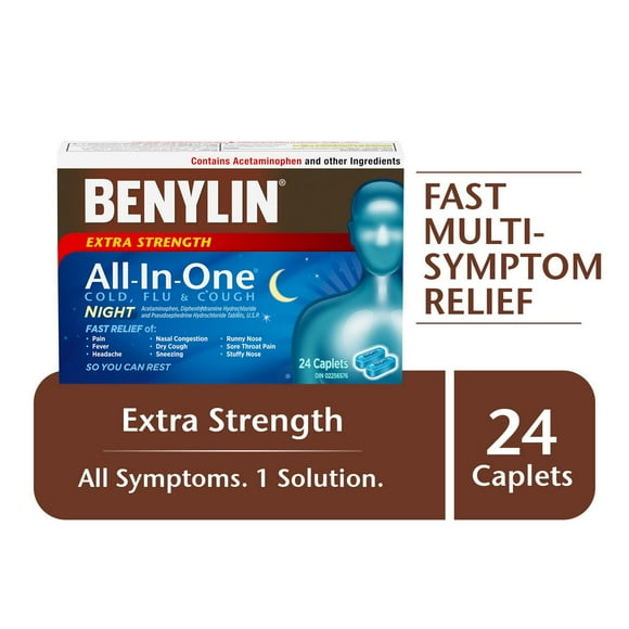 Benylin Extra-puissant, Tout-en-un Rhume, grippe et toux, Nuit, soulage les symptômes de rhume, toux et grippe 24 gélules