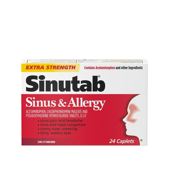 Sinutab Extra Strength Sinus & Allergy Caplets, Relieves Sinus Allergy symptoms, 24 ea