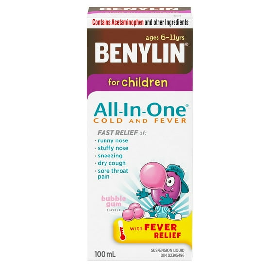 BENYLIN® Children's All-In-One Cold and Fever Liquid, Daytime, Relieves Cold & Fever symptoms, 100mL, Bubble Gum Flavour, For ages 6-11yrs
