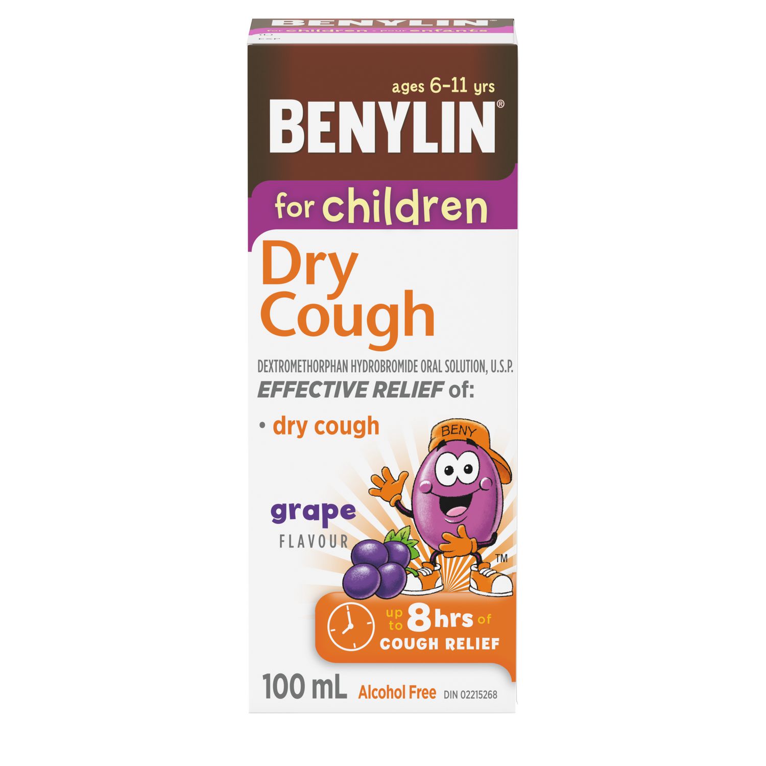 Benylin Children's Dry Cough Syrup, Relieves Dry Cough, 100mL, Grape Flavour, Alcohol Free, For ages 6-11yrs