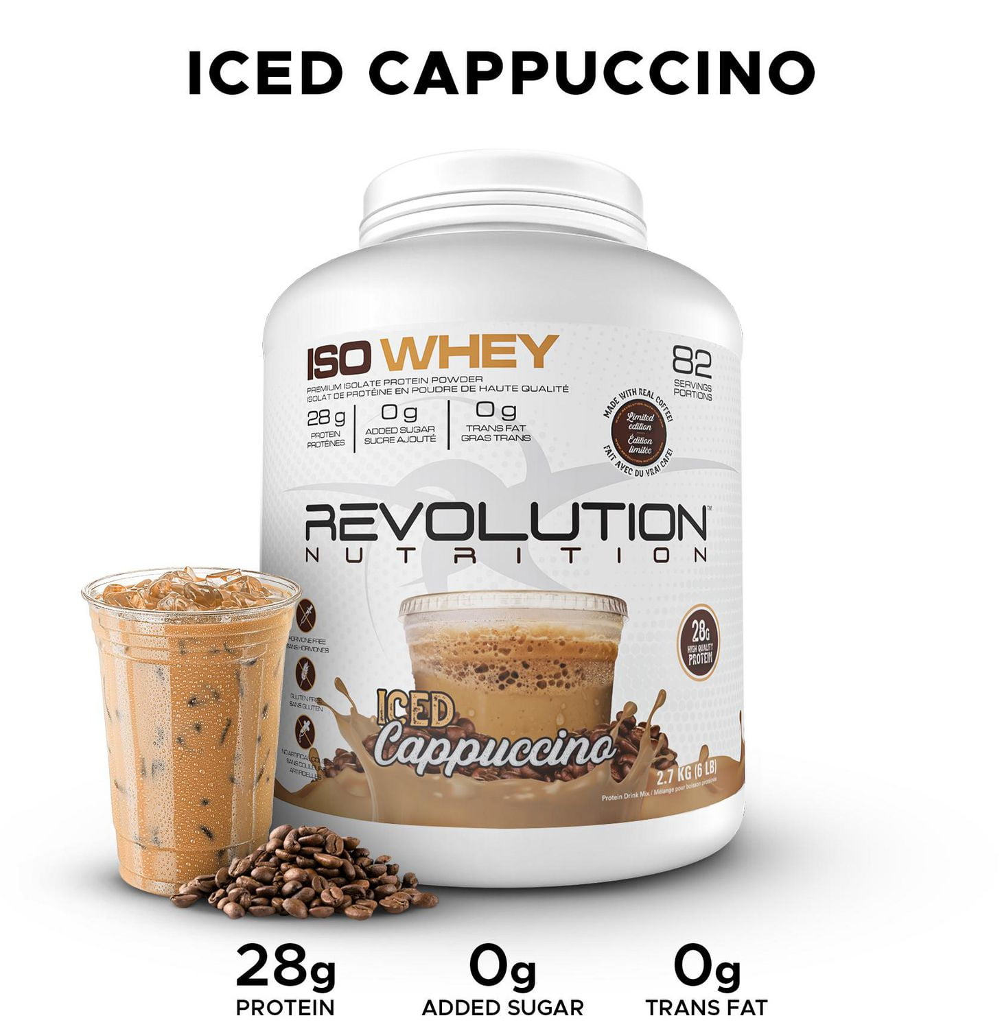 Revolution Nutrition, Iso Whey, Protein Powder 6LB, 100% Isolate, 28g Protein per Scoop, 82 Servings, Lean Muscle Formula, Low Carb, Gluten Free, 2700g, Iced Cappuccino (6 Pounds)