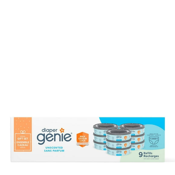 Diaper Genie Unscented Round Refill 9pk that can hold up to 2430 newborn-sized diapers.