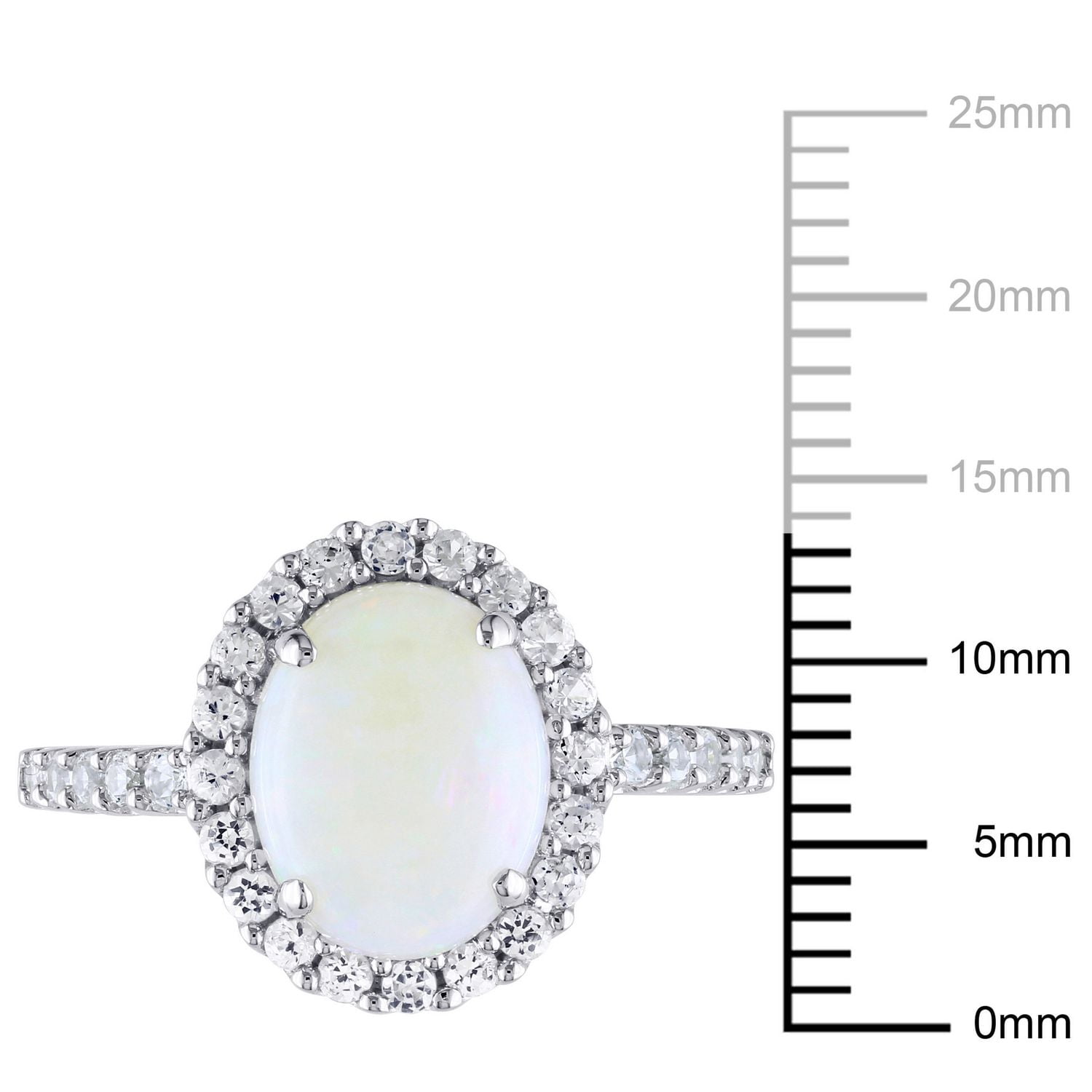 Bague en forme de auréole avec opale et saphirs blancs synthétiques 2,25 ct PBT en or blanc 10 k