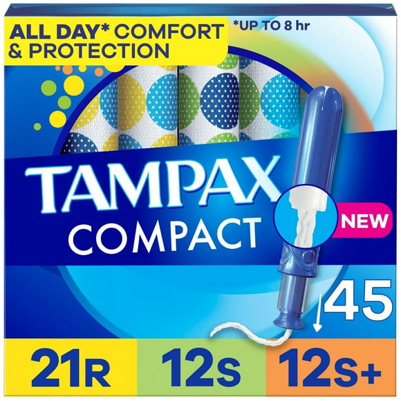 Tampax Compact Pearl Tampons Multipack, with LeakGuard Braid & Extendable Applicator, Regular/Super/Super Plus Absorbency, Compact Extendable Applicator, Unscented, 45CT