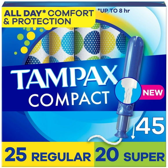 Tampax Compact Pearl Tampons Multipack, with LeakGuard Braid & Extendable Applicator, Regular/Super Absorbency, Compact Extendable Applicator, Unscented, 45CT