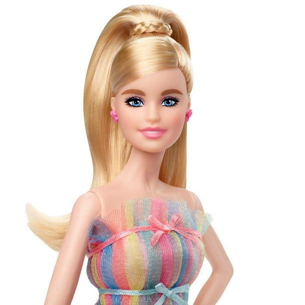 La Poupée Barbie Joyeux Anniversaire Vêtue d'une robe aux rayures arc-en- ciel 