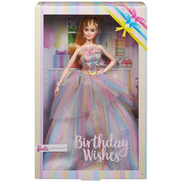 La Poupée Barbie Joyeux Anniversaire Vêtue d'une robe aux rayures  arc-en-ciel 