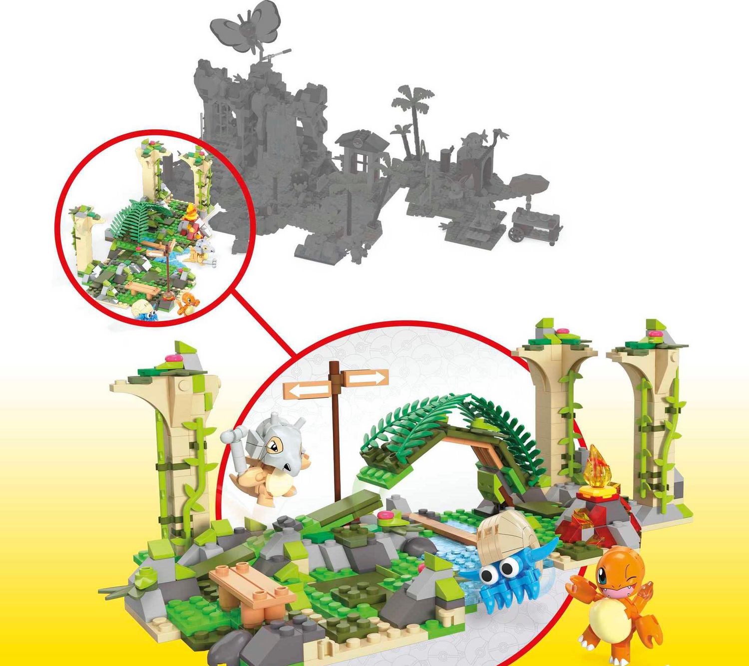 MEGA Pokémon Action Figure Building Toy, Jungle Ruins with 464 Pieces,  Motion and 3 Characters, Cubone Charmander Omanyte, Gift Idea for Kids